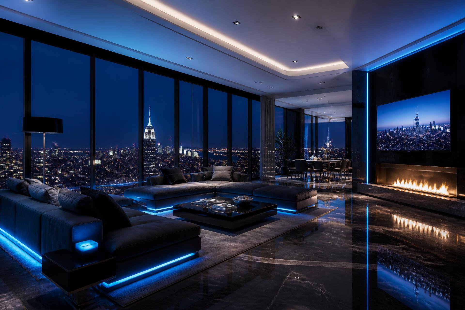 Immaculately cleaned luxury Manhattan penthouse living room at dusk